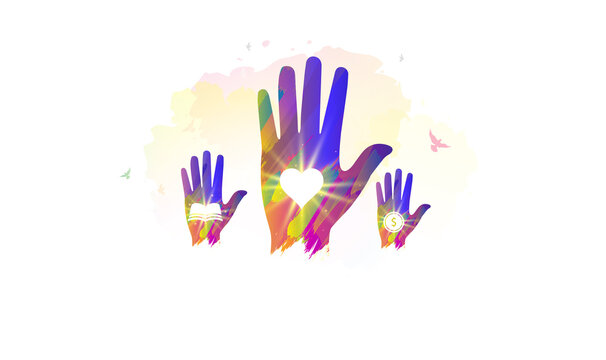 World volunteer day or charity day creative poster design. People raised helping hand background.