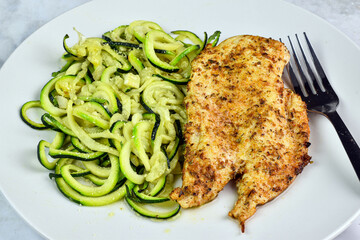 seasoned chicken breast  with zucchini noodles
