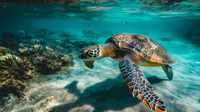 A sea turtle swimming above the ocean floor
