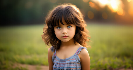 Fototapeta premium Cute blonde little girl in blossoming garden. Child girl near blossom garden. Kid girl in spring garden. Spring concept. Beautiful girl in orchard.