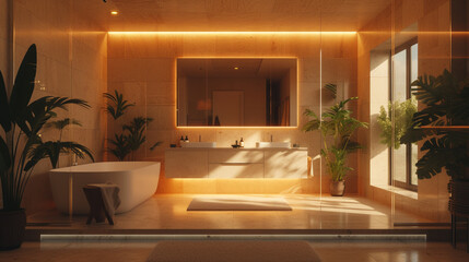 A bathroom with a floating vanity, framed by mirrors, and bathed in soft, diffuse lighting. 