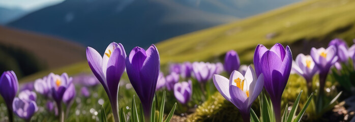 Crocuses blooming on a sunny spring day, dew drops on flowers sparkling in the sunlight, spring...