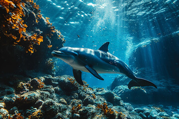 Obraz premium Dolphins swimming in deep sea