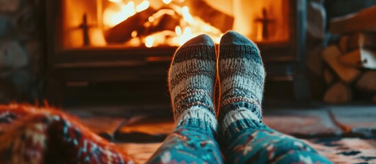 Woman in wool socks warms feet by cozy fire in after ski cabin, closeup of cute legs in cold season.