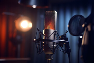 Fototapeta na wymiar Podcast Microphone in a Studio - Ai Generated