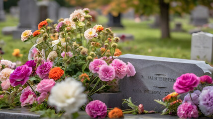 Flowers on a tombstone in a cemetary with headstones in the background