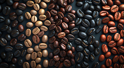 a variety of coffee beans on a black background in - obrazy, fototapety, plakaty