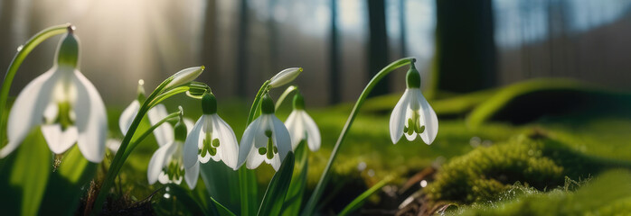 Banner snowdrop flowers with space for text, blossoming, dew drops sparkling in the sunlight, spring flowers on the background of a forest glade. Spring equinox, primary flowers, women's day