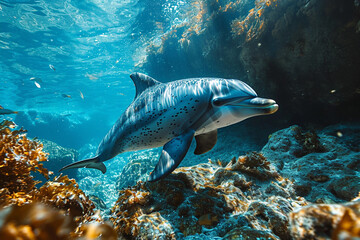 Fototapeta premium Dolphins swimming in deep sea