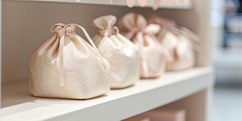 Elegant shimmering drawstring bags with ribbons are displayed on a shelf, perfect for a luxury boutique's visual merchandising.