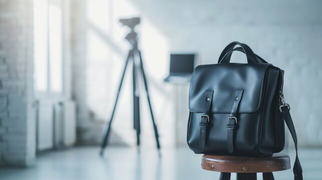 Elegant, compact camera bag in a bright, minimalist photographer's studio on a wooden stool, ideal for promoting high-end fashion accessories