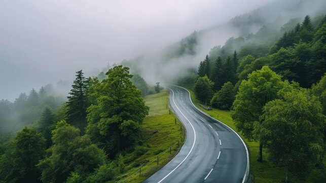 Aerial top view of a beautiful curved Road in foggy forest on a rainy day in spring. Beautiful mountain curved roadway, trees with green foliage.