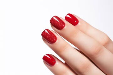A close-up image showcasing a flawless red glitter manicure on a person's neatly manicured fingers against a white background