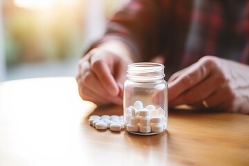 A close-up view of a person's hands with a clear glass jar full of white tablets on a wooden surface, with some pills scattered beside the jar, indicating medication management