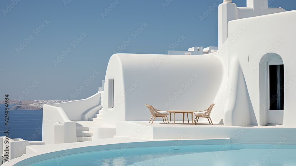 Wall mural hotel pool in the sunny day with blue water and white buildings. resort architecture with swimming p