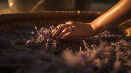 lavender harvest bathed in warm afternoon light - obrazy, fototapety, plakaty