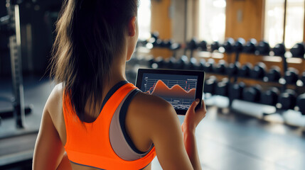 White woman tracking physical performance and progress from tablet in the gym during workout. Young dark hair girl with ponytail. Shot from behind her shoulders.