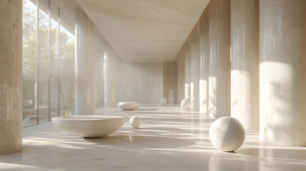A hallway with an artful display of minimalist sculptures, creating visual interest without clutter. 