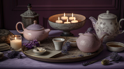 Fototapeta na wymiar cinematic essence of a tea ceremony featuring lavender-infused tea