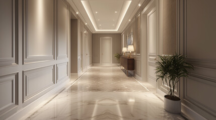 A hallway with recessed lighting, emphasizing the architectural details of the simple, elegant wall paneling. 