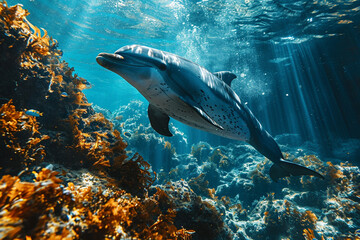 Fototapeta premium Dolphins swimming in deep sea