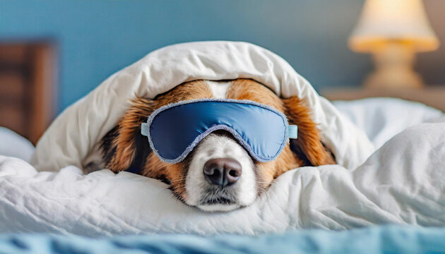World Sleep Day concept.A cute dog in bed and sleeping mask, selective focus, as background to animal concept.