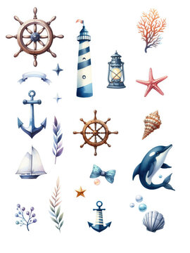 Nautical Scene: Watercolor Marine Plants and Graphic Lighthouse