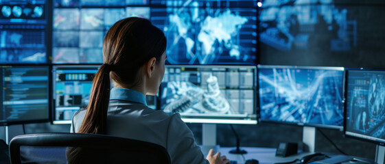 Back view of a woman monitoring multiple screens displaying advanced data, a symbol of vigilance in the digital age