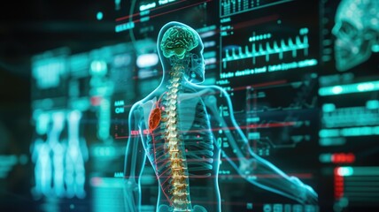 Advanced digital scan of human anatomy with highlighted organs and skeleton