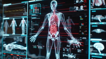 Advanced digital scan of human anatomy with highlighted organs and skeleton