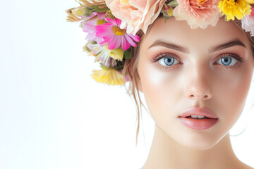 Naklejka premium Floral Radiance Beauty Shot, woman with spring flowers in hairstyle;Ideal for beauty products associated with freshness and floral scents
