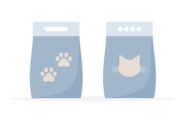 Set of cat litter packages isolated on white background, flat vector illustration - obrazy, fototapety, plakaty