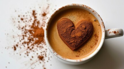 A Close-Up View of a Delightful Cup of Coffee Adorned with a Cocoa Powder Heart Design Amidst Scattered Coffee Beans”