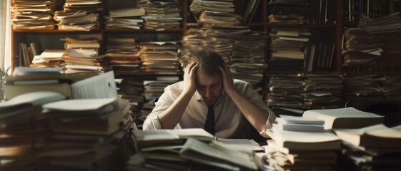 Drowning in paperwork, a man is the embodiment of stress and deadlines in a cluttered office - obrazy, fototapety, plakaty