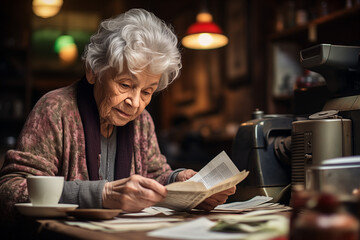 Senior mature woman holding paper bill trying to read it and figure out the problem - obrazy, fototapety, plakaty