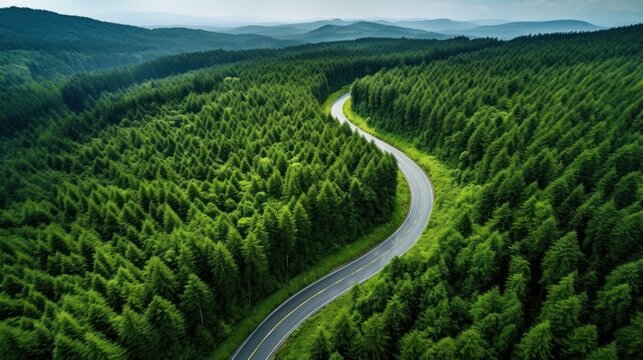 Aerial top view of a beautiful curved road on green forest in the rainy season. © inthasone