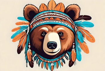 Bear. Portrait of vector animal wearing traditional indian headdress with feathers. Tribal style illustration for little children clothes. Image for kids tee fashion, posters - obrazy, fototapety, plakaty