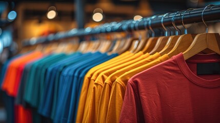 Close up of Colorful t-shirts on hangers, apparel background.Generative AI