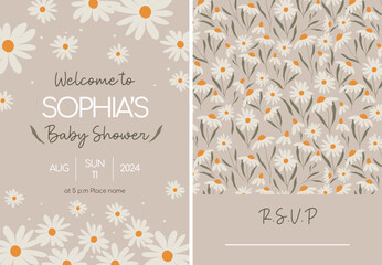 Vector Baby shower card with daisies, chamomiles,  wildflowers. Bejge printable invitation design for newborn, baby. 