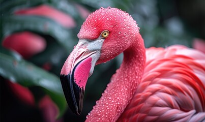 Beautiful pink big bird Flamingo on green landscape.Generative AI