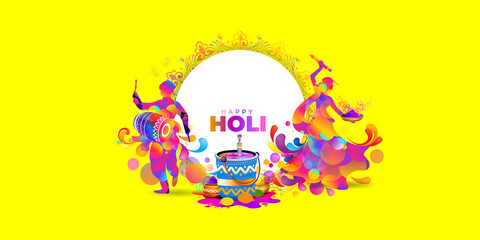 Indian traditional holi celebration background. Holi festival fun party dance banner poster template design with splash of colorful gulal background and pot.