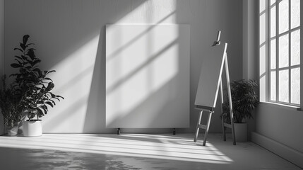 A monochrome art studio with clean lines, showcasing a solitary canvas on an easel and natural...