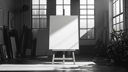 A monochrome art studio with clean lines, showcasing a solitary canvas on an easel and natural light pouring in.  - obrazy, fototapety, plakaty