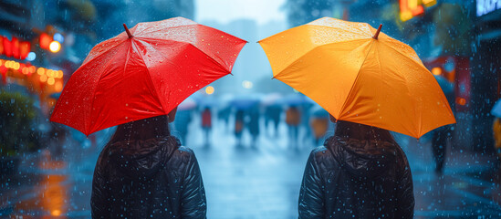 a red and a yellow umbrella and rain
