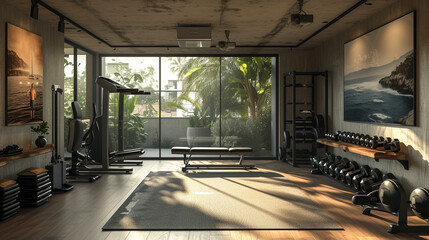 A perfectly organized home gym with minimalist equipment, ample natural light, and motivational artwork on the walls. 