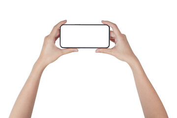 Hand holding smartphone with blank screen isolated on white background.