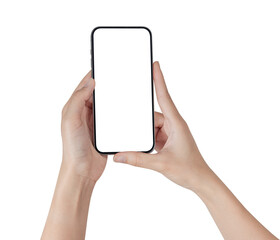 Hand holding smartphone with blank screen isolated on white background.