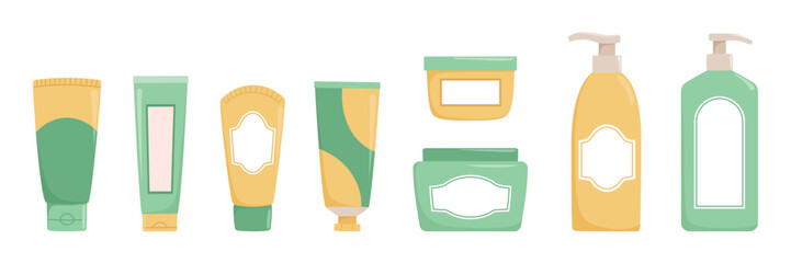 WebSet of beauty cosmetic products. Face cream, body cream and tubes. Skincare routine. Isolated vector illustration
