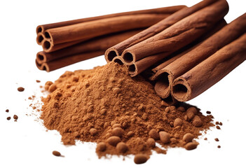 Cinnamon sticks and powder isolated on white background