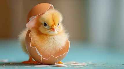 cute young fluffy easter chick baby hatches from the eggshell - obrazy, fototapety, plakaty